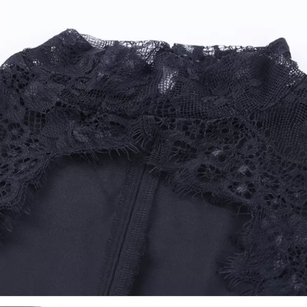 Sexy Black Eyelash Lace Long Sleeve Cocktail Dress - Picture 7 of 8